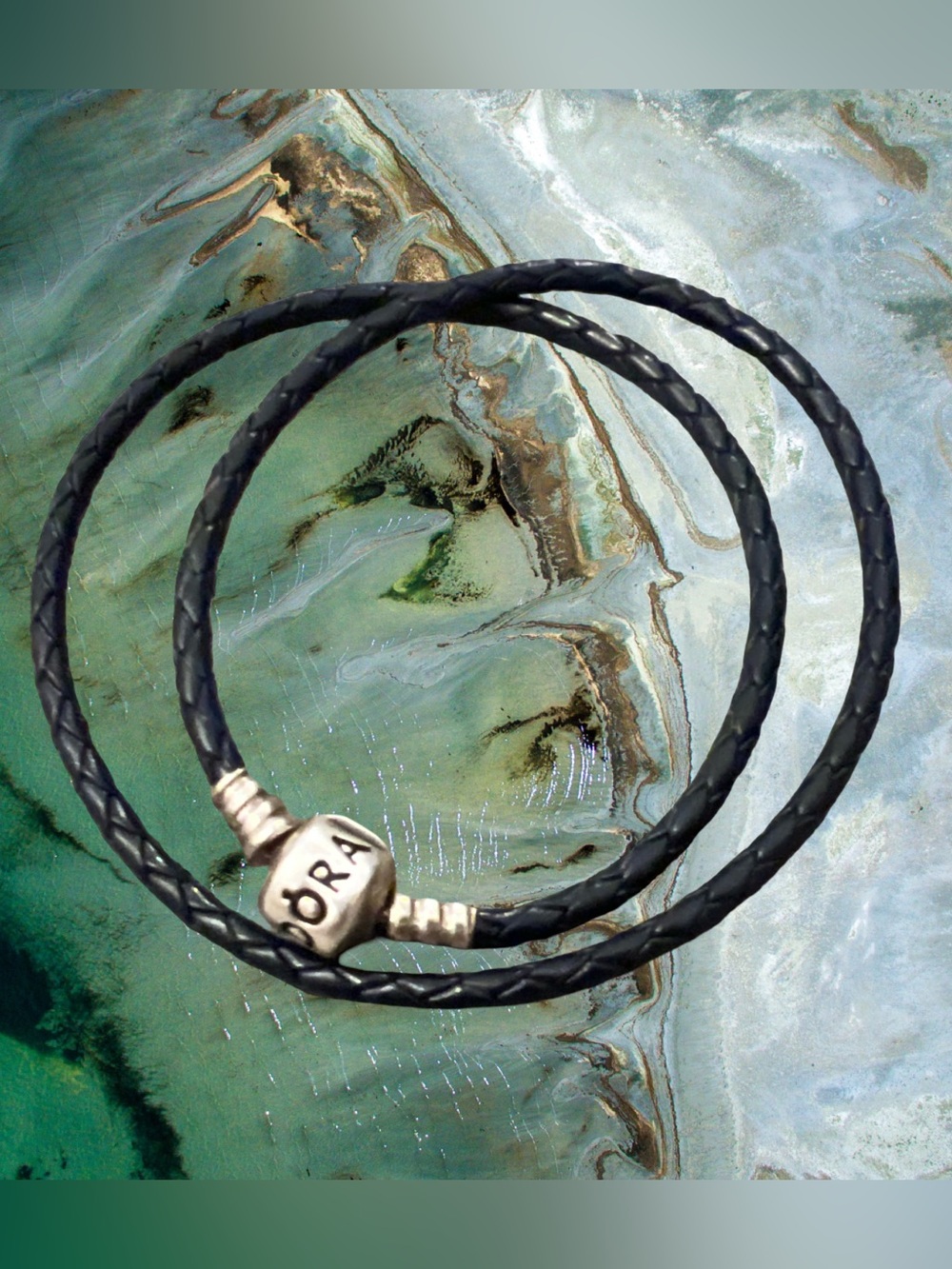 PANDORA 925 Sterling Silver Braided Leather Double Bracelet/ Choker Black 15"